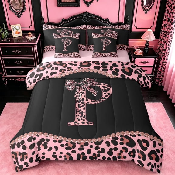meiyoeat Leopard Pattern Bow 7-Piece Twin Bedding Sets For Girls,Pink Cheetah Print Alphabet P Bedding Comforter Set For Kids,pink Reversible