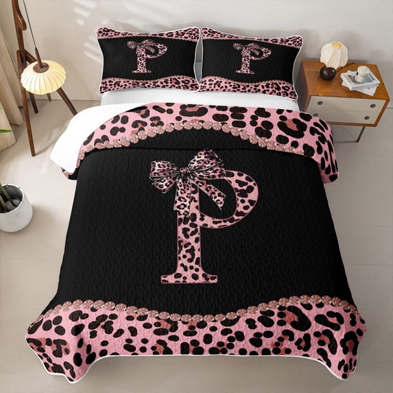 meiyoeat Leopard Pattern Bow Quilt Full For Girls,Pink Cheetah Print Alphabet P Full Bedspread Sets For Kids,3 Pieces