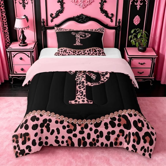 meiyoeat Leopard Pattern Bow Twin Comforter Sets For Girls,Pink Cheetah Print Alphabet P Bedding Set For Kids,pink Reversible,2 Pieces