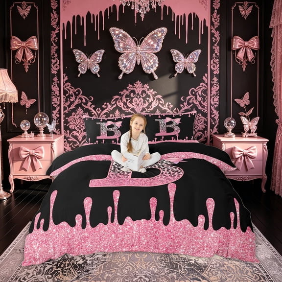 meiyoeat Leopard Print B Initial Bedding for Girls Kids, Bow Monogram Duvet Cover Full, Pink Black, Black Reversible, 3 Pieces, 1 Duvet Cover and 2 Pillowcases