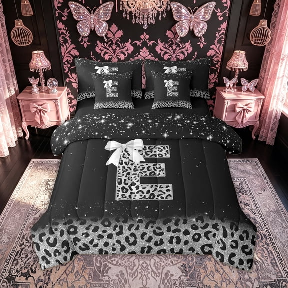 meiyoeat Leopard Print Bow E Initial Twin Bedding for Women, Sparkly Glitter Monogram Bedding Comforter Set, Black Silver, Black Reversible, 7pcs