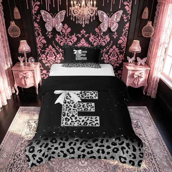 meiyoeat Leopard Print Bow E Initial Twin Duvet Cover for Women, Sparkly Glitter Monogram Twin Bedding, Black Silver, Black Reversible, 2pcs, 1 Duvet Cover and 1 Pillowcase