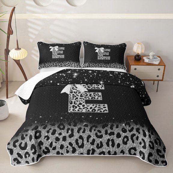 meiyoeat Leopard Print Bow E Initial Twin Quilt Set for Women, Sparkly Glitter Monogram Twin Coverlet Set, Black Silver, 2pcs