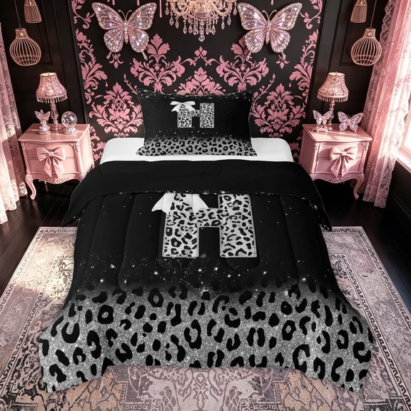 meiyoeat Leopard Print Bow Initial Twin Comforter Sets for Women, Sparkly Glitter Monogram Bedding Set, Black Silver, Black Reversible, 2pcs, 1 Comforter and 1 Pillowcase