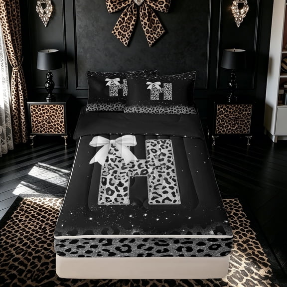 meiyoeat Leopard Print Bow Initial Zipper Comforter Set with Fitted Sheet and 2 Pillowcases for Women, Sparkly Glitter Monogram Zipper Bedding Set, Black Silver, Black Reversible, 3pcs