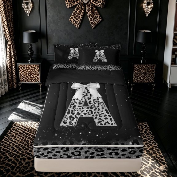 meiyoeat Leopard Print Bow A Initial Zipper Comforter Set with Fitted Sheet and 2 Pillowcases for Women, Sparkly Glitter Monogram Zipper Bedding Set, Black Silver, Black Reversible, 3 Pieces
