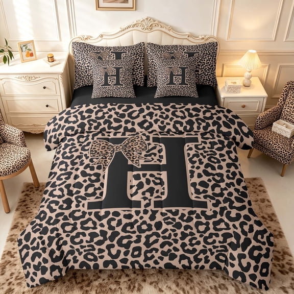 meiyoeat Leopard Print Bow Letter H Twin Bedding Sets, Women Teens, Brown Animal Print Bedding Comforter Set, Black Reversible 7-Piece