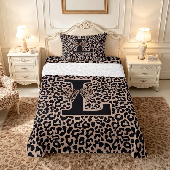 meiyoeat Leopard Print Bow Letter L Twin Sheet Sets, Women Teens, Brown Animal Print Bedding, 3-Piece, 1 Flat Sheet, 1 Fitted Sheet and 1 Pillowcase
