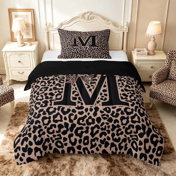 meiyoeat Leopard Print Bow Letter M Twin Comforter Sets, Women Teens, Brown Animal Print Bedding Set, Black Reversible 2 Pieces, 1 Comforter and 1 Pillowcase