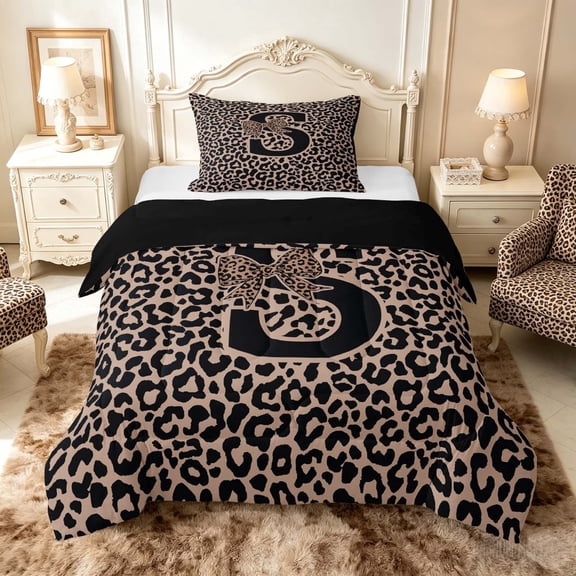 meiyoeat Leopard Print Bow Letter S Twin Comforter Sets, Women Teens, Brown Animal Print Bedding Set, Black Reversible 2 Pieces, 1 Comforter and 1 Pillowcase