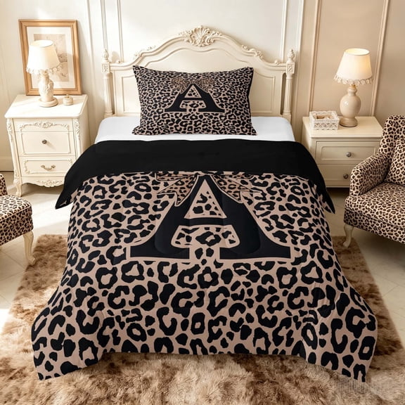 meiyoeat Leopard Print Bow Letter A Twin Comforter Sets, Women Teens, Brown Animal Print Bedding Set, Black Reversible 2 Pieces, 1 Comforter and 1 Pillowcase