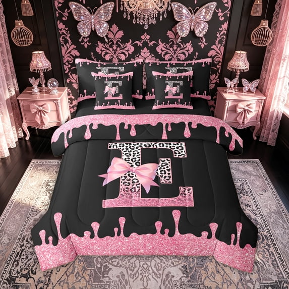 meiyoeat Leopard Print E Initial Twin Bedding for Girls Kids, Bow Monogram Bedding Comforter Set, Pink Black, Black Reversible, 7 Pieces