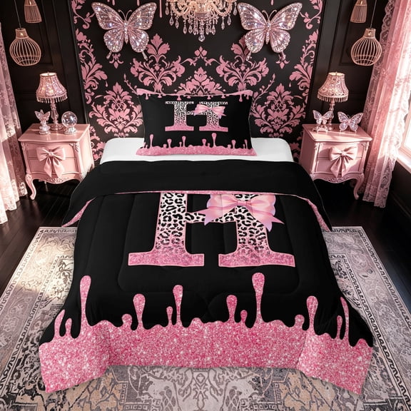 meiyoeat Leopard Print Initial Twin Comforter Sets for Girls Kids, Bow Monogram Bedding Set, Pink Black, Black Reversible, 2 Pieces, 1 Comforter and 1 Pillowcase