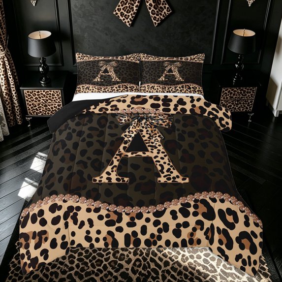 meiyoeat Leopard Print Letter A King Size Comforter Sets for Girls, Bow Diamond Comforters King Size, Brown Black, Black Reversible, 3-Piece, 1 Comforter and 2 Pillowcases