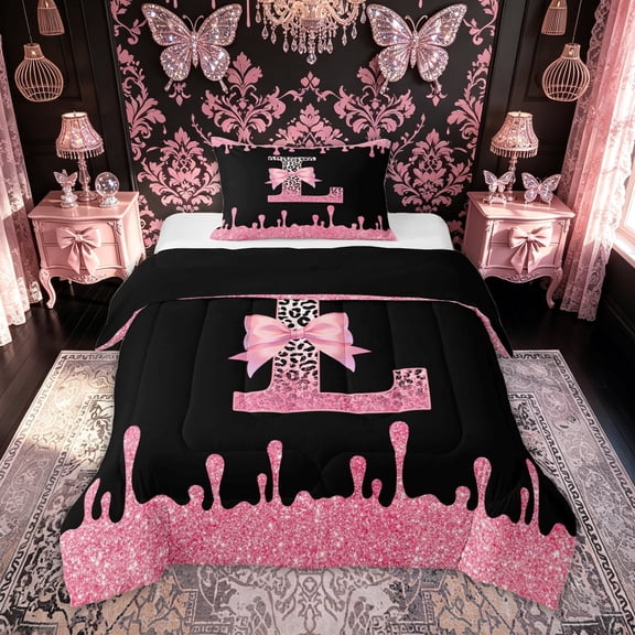 meiyoeat Leopard Print Letter L Twin Comforter Sets for Girls Kids, Bow Initial Bedding Set for Bedroom, Pink, Black Reversible, 2-Piece, 1 Comforter and 1 Pillowcase