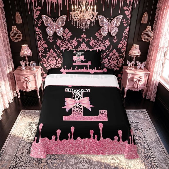 meiyoeat Leopard Print Letter L Twin Sheets for Girls Kids, Bow Initial Bedding for Bedroom, Pink, Black Reversible, 1 Flat Sheet, 1 Fitted Sheet and 1 Pillowcase