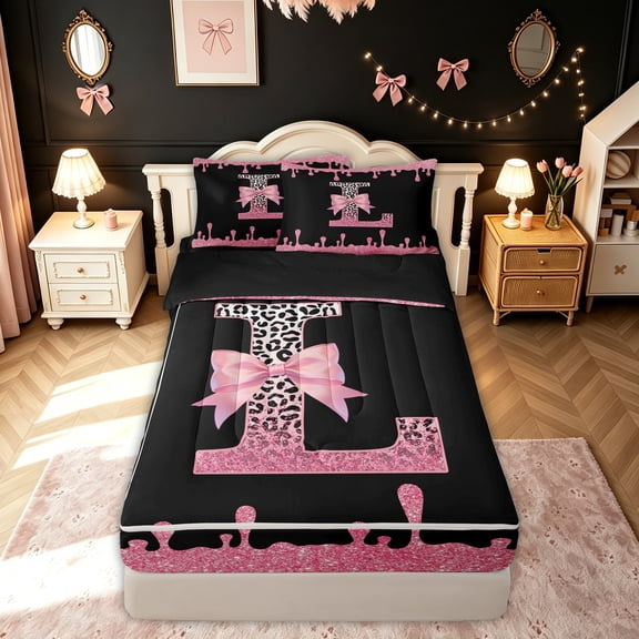 meiyoeat Leopard Print Letter L Zipper Comforter Set with Fitted Sheet and 2 Pillowcases for Girls Kids, Bow Initial Zipper Bedding Set for Bedroom, Pink, Black Reversible, 3-Piece