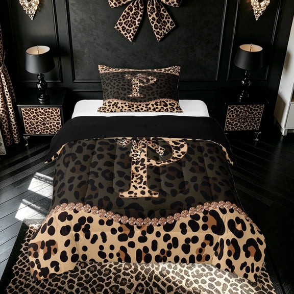 meiyoeat Leopard Print Letter P Twin Comforter Sets for Girls, Bow Diamond Bedding Set, Brown Black, Black Reversible, 2pcs, 1 Comforter and 1 Pillowcase