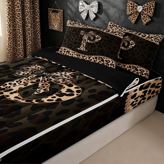 meiyoeat Leopard Print Letter P Zipper Twin Comforter Sets with Fitted Sheet and 2 Pillowcases for Girls, Bow Diamond Zipper Bedding Set, Brown Black, Black Reversible, 4pcs
