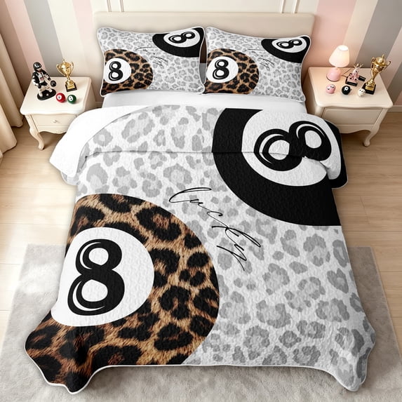 meiyoeat Leopard Print Lucky 8 Ball Bed Spread Queen for Girls, Black White Brown Queen Coverlet Set, 3-Piece, 1 Comforter and 2 Pillowcases
