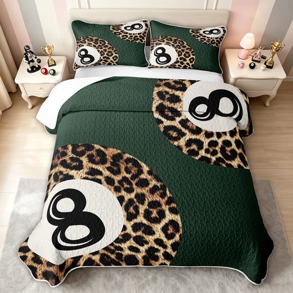 meiyoeat Leopard Print Lucky 8 Quilt King for Girls, Pool Ball King Coverlet Set, Green Brown, 3-Piece, 1 Comforter and 2 Pillowcases