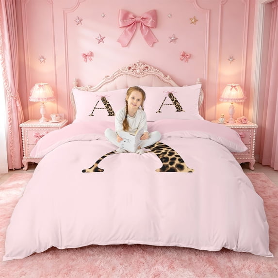 meiyoeat Leopard Print Monogram A Bedding,Pink Bow Initial Duvet Cover Full For Girl,Pink Reversible,3pcs,1 Duvet Cover and 2 Pillowcases