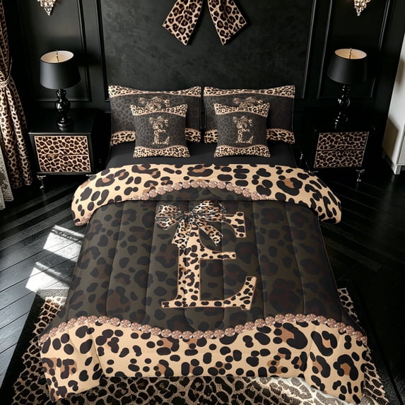 meiyoeat Leopard Print Monogrammed E Full Size Bedding Sets for Kids Girls, Brown Black Bow Diamond Full Size Bed in a Bag, Black Reversible, 7pcs