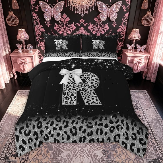 meiyoeat Leopard Print Print Letter Full Size Comforter Sets for Women, Glitter Initial Bedding Comforter Set for Home, Black Silver, Black Reversible, 3-Piece, 1 Comforter and 2 Pillowcases