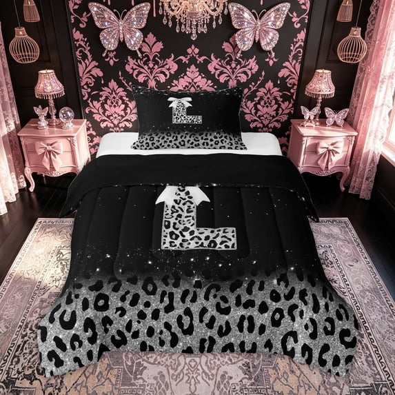 meiyoeat Leopard Print Print Letter Twin Comforter Sets for Women, Glitter Initial Bedding Set for Home, Black Silver, Black Reversible, 2-Piece, 1 Comforter and 1 Pillowcase