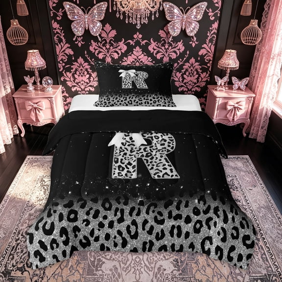 meiyoeat Leopard Print Print Letter Twin Comforter Sets for Women, Glitter Initial Bedding Set for Home, Black Silver, Black Reversible, 2-Piece, 1 Comforter and 1 Pillowcase