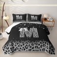 thumbnail image 1 of meiyoeat Leopard Print Print Letter Twin Quilt Set for Women, Glitter Initial Twin Coverlet Set for Home, Black Silver, 2 Pieces, 1 of 7
