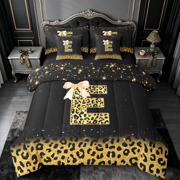 meiyoeat Leopard Sequin Initial E Print 7-Piece Twin Bedding,Girly Bow Kids Bedding Comforter Set For Girl,Black Reversible