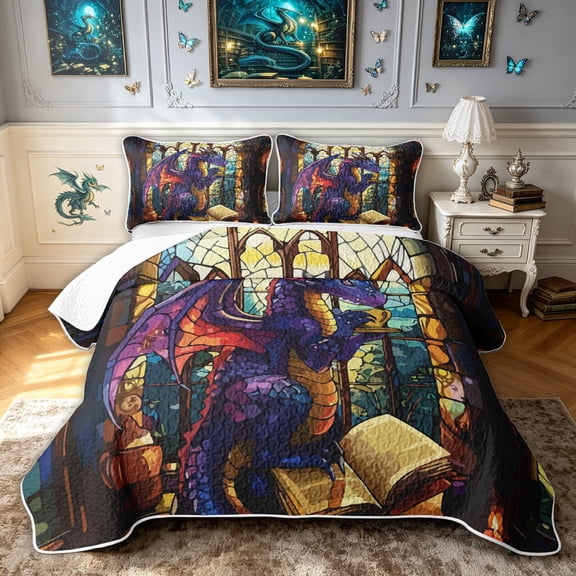 meiyoeat Library Dragon Quilt Full for Boys, Book Wildlife Full Bedspread Sets, Purple Blue, 3 Pieces, 1 Comforter and 2 Pillowcases