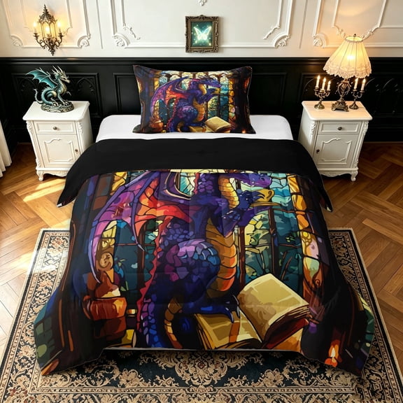 meiyoeat Library Dragon Twin Comforter Sets for Boys, Book Wildlife Bedding Set, Purple Blue, Black Reversible, 2 Pieces, 1 Comforter and 1 Pillowcase