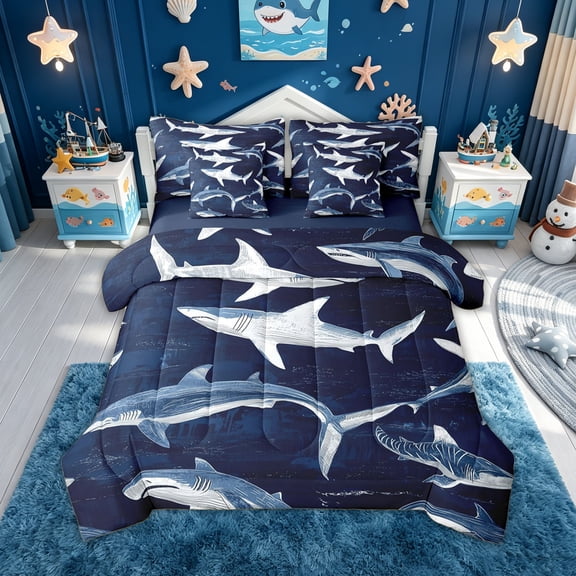 meiyoeat Line Shark Full Size Bedding Sets for Kids Boys Girls, Coastal Marine Animal Full Size Bed in a Bag, Navy, Blue Reversible, 7pcs