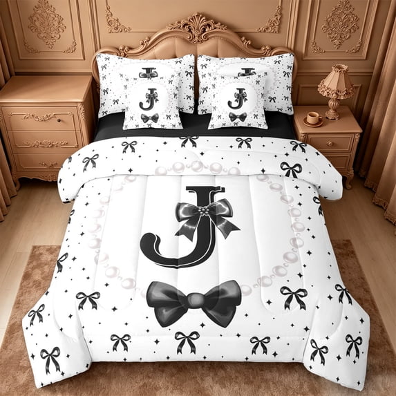 meiyoeat Lovely Bow Tie 7Pcs Queen Bedding For Bow Girls,Black Initial Letter J Bedding Comforter Set Queen For Kids,Black Reversible