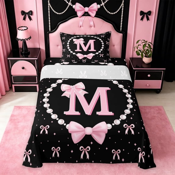 meiyoeat Lovely Bow Tie Twin Sheets For Bow Girls,Pink Initial Letter M Bedding For Kids,3 Pieces