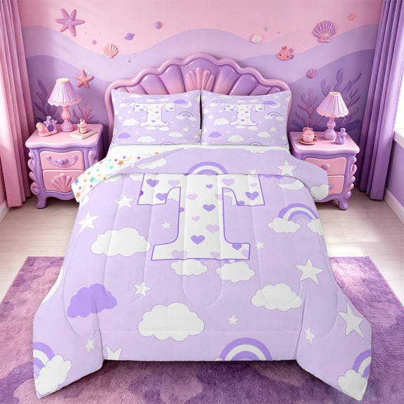 meiyoeat Lovely Loves Monogram T Full Size Comforter Sets,Purple Rainbow Stars Print Bedding Comforter Set For Girl,Colorful Stars Reversible,3pcs,1 Comforter and 2 Pillowcases