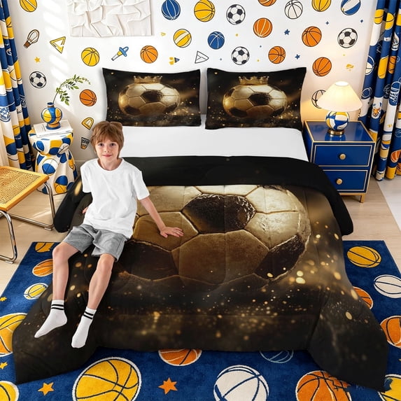 meiyoeat Luxury Golden Soccer Ball Full Size Comforter Sets 3-Piece,Crown Sparkle Design Bedding Comforter Set,Gold Black,Black Reversible,1 Comforter and 2 Pillowcases