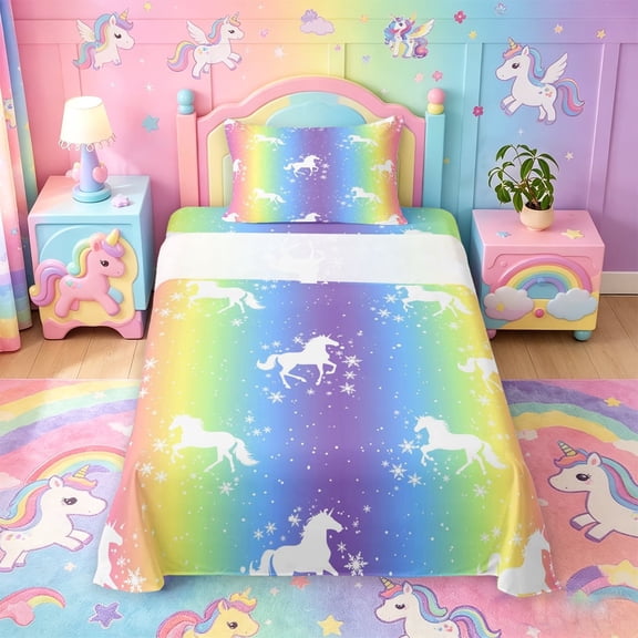 meiyoeat Magic Unicorn Silhouette Twin Sheets For Kids,Multicolor Gradient Lines Art Bedding For Girls,3pcs
