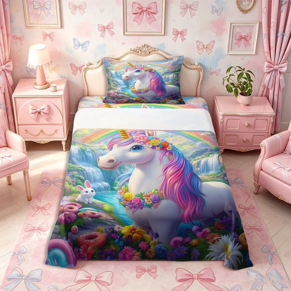 meiyoeat Magical Floral Unicorn Twin Sheets 3pcs,Kawaii Rainbow Rabbit Bedding,1 Flat Sheet, 1 Fitted Sheet and 1 Pillowcase