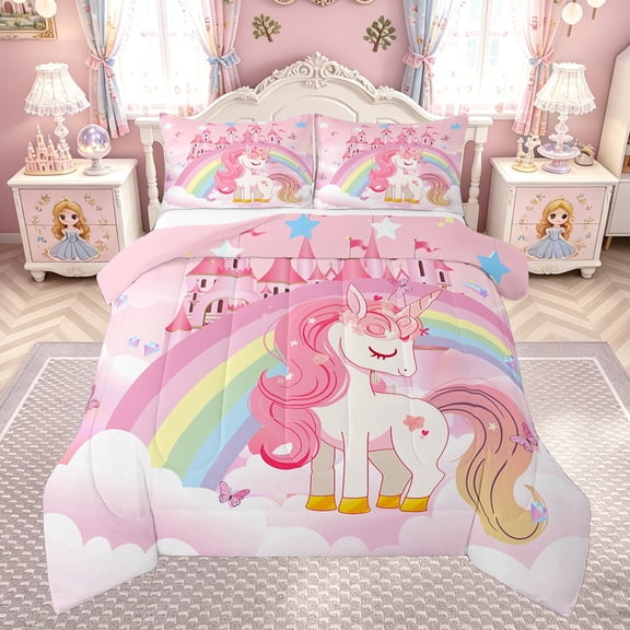 meiyoeat Magical Unicorn Castle Full Size Comforter Sets for Kids Girls, Rainbow Princess Style Bedding Comforter Set, Pink White, Pink Reversible, 3 Pieces