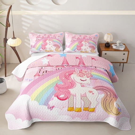 meiyoeat Magical Unicorn Castle Twin Quilt Set for Girls, Rainbow Princess Style Twin Coverlet Set, Pink White, 2 Pieces