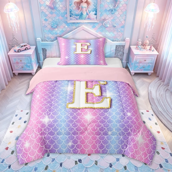 meiyoeat Mermaid Letter E Twin Comforter Sets for Kids Girls, Glitter Scale Print Bedding Set, Iridescent, Pink Reversible, 2pcs, 1 Comforter and 1 Pillowcase