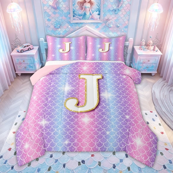meiyoeat Mermaid Letter J Full Size Comforter Sets for Kids Girls, Glitter Scale Print Bedding Comforter Set, Iridescent, Pink Reversible, 3pcs, 1 Comforter and 2 Pillowcases