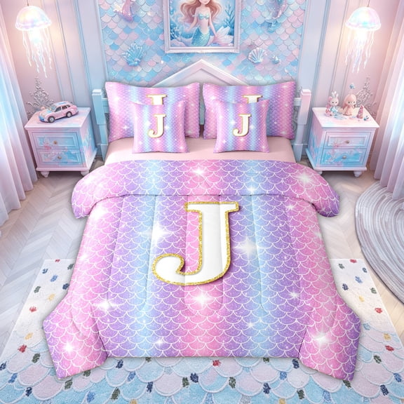 meiyoeat Mermaid Letter J Twin Bedding for Kids Girls, Glitter Scale Print Bedding Comforter Set, Iridescent, Pink Reversible, 7pcs