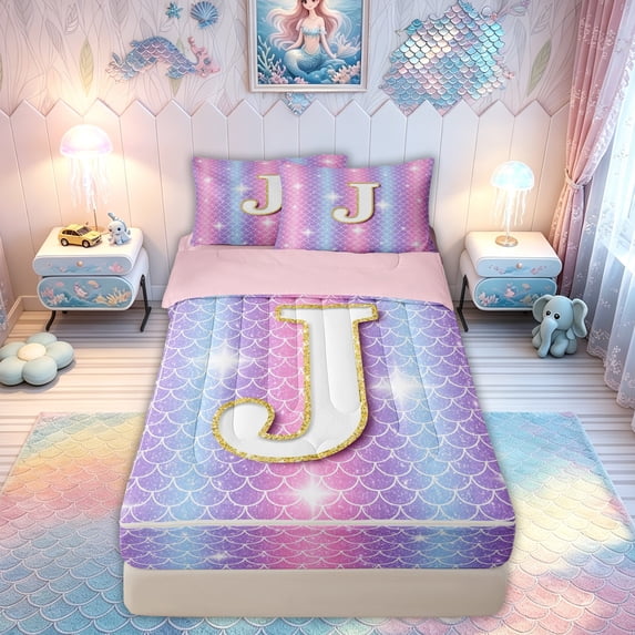 meiyoeat Mermaid Letter J Zipper Comforter Set with Fitted Sheet and 2 Pillowcases for Kids Girls, Glitter Scale Print Zipper Bedding Set, Iridescent, Pink Reversible, 3pcs
