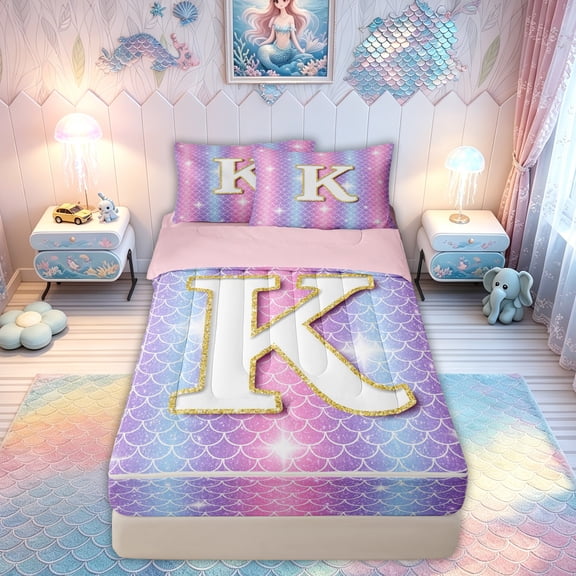 meiyoeat Mermaid Letter K Zipper Comforter Set with Fitted Sheet and 2 Pillowcases for Girls, Glitter Scale Print Zipper Bedding Set, Iridescent, Pink Reversible, 3-Piece