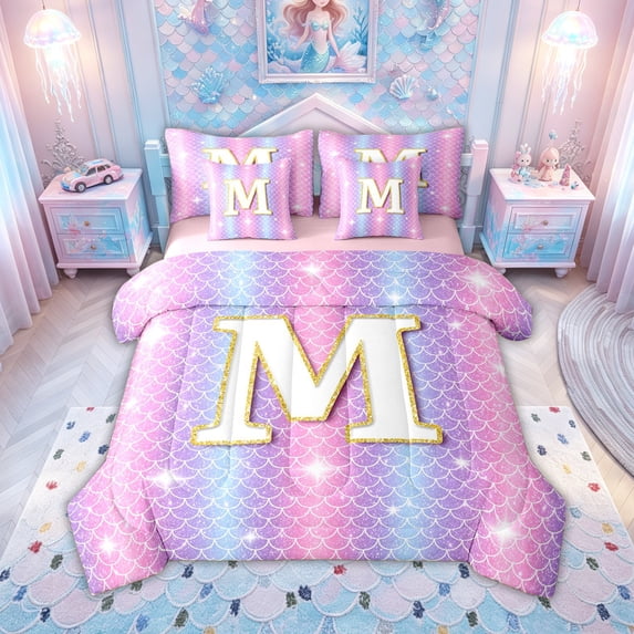 meiyoeat Mermaid Letter M Full Size Bedding Sets for Girls, Glitter Scale Print Full Size Bed in a Bag for Bedroom, Iridescent, Pink Reversible, 7 Pieces