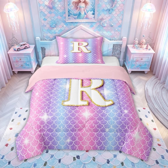 meiyoeat Mermaid Letter R Twin Comforter Sets for Kids Girls, Glitter Scale Print Bedding Set, Iridescent, Pink Reversible, 2pcs, 1 Comforter and 1 Pillowcase